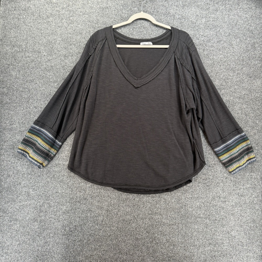 DEX Sweater Womens 2X Gray Waffle Knit V-Neck Relaxed Casual Hippie Boho